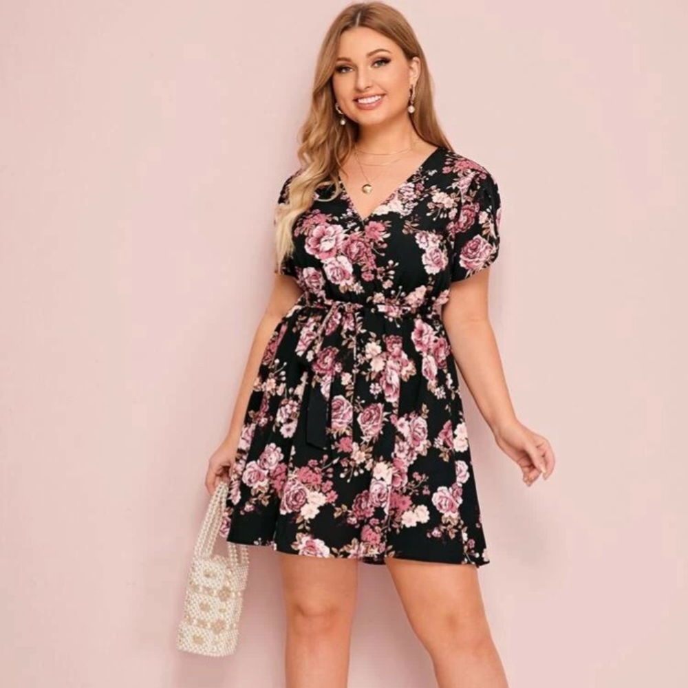 Surplice Neck Belted Floral Print Dress